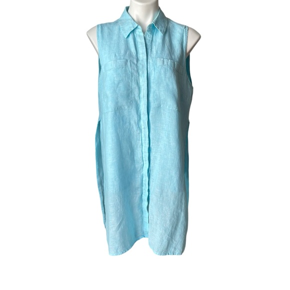 CHICO'S Sleeveless Side Slit Blue Aqua Linen Tunic, Sz L/12 - Picture 2 of 15